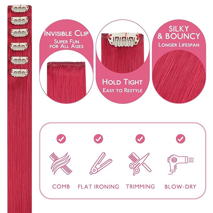 WENNALIFE Red Clip in Hair Extensions Real Human Hair 35g 6pcs 14 Inch Colored Hair Extensions for Kids Women Colorful Hair Pieces Pop-up Style Straight Extensiones De Cabello Humano Con Clip