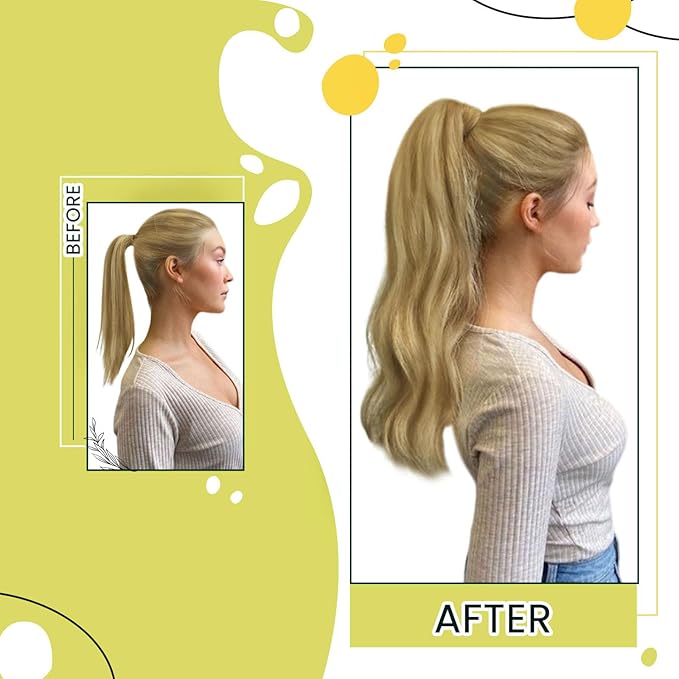 RUNATURE Ponytail Extension Real Human Hair, Blonde Highlight Human Hair Ponytail for Women, Wrap Around Hairpiece with Magic Paste, 12 Inch 70g #16P24 Golden Blonde Highlights