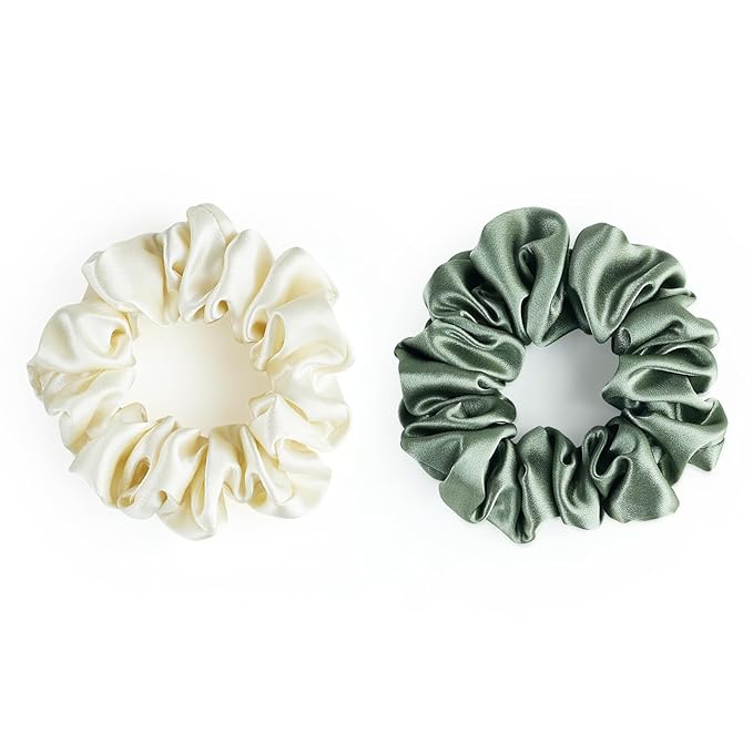 22 Momme 100% Mulberry Silk Scrunchies (2 Pack, Cream White, Olive Green), Well-Hold Elastic for No-Damage, Soft Hair Ties, 6A Grade, OEKO-TEX Certified, Reduces Frizz & Breakage