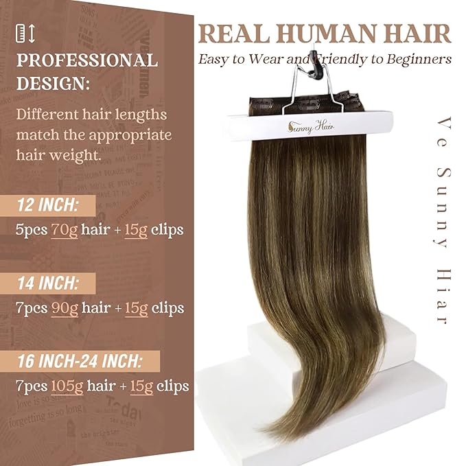 Ve Sunny Balayage Clip in Hair Extensions Human Hair Clip in Extensions Ombre Dark Brown Roots with Caramel Blonde Balayage Clip in Hair Extensions Real Human Hair 18inch 120g 7pcs