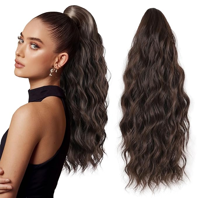 Ponytail Extension, 18 Inch Claw Clip Ponytail Extensions Wavy Ponytail Hair Extension for Women Fluffy Natural Synthetic Jaw Clip on Pony Tails Hairpiece for Daily Use (Dark Brown)