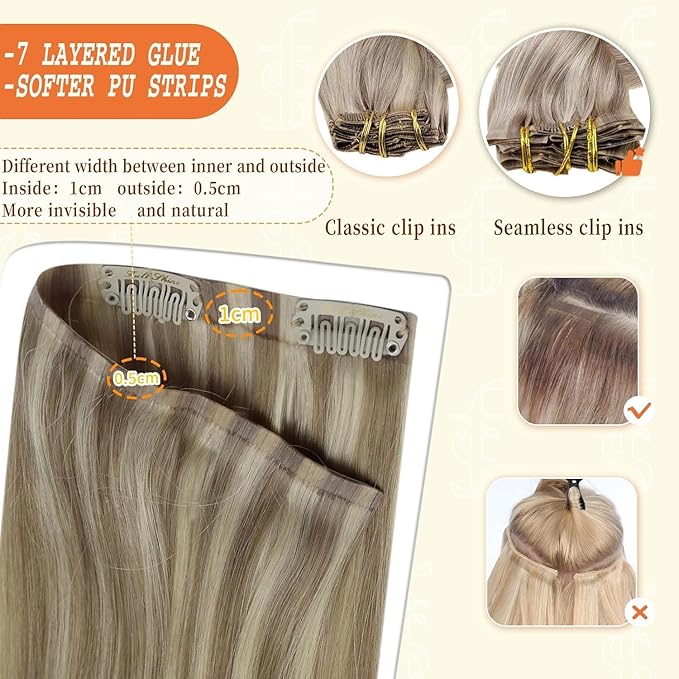 Full Shine Blonde Clip in Hair Extensions Dirty Blonde with Highlights Hair Extensions 16 Inch Real Hair Extensions Clip in Golden Blonde Ease of Use 8 PCS 120 G