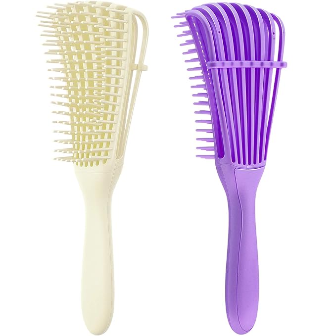 2 Pieces Detangling Brush for Afro America/African Hair Textured 3a to 4c Kinky Wavy/Curly/Coily/Wet/Dry/Oil/Thick/Long Hair, Knots Detangler Easy to Clean (Beige, Purple)