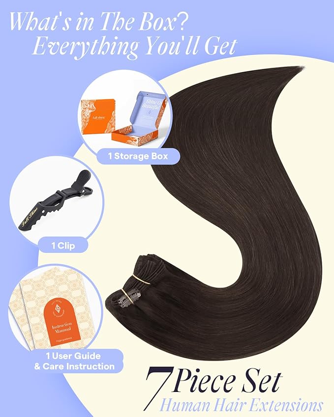 Full Shine Thick Clip in Hair Extensions Real Human Hair Darkest Brown Straight Invisible Clip in Extensions Natural Hair Extensions for Women Extra Volume 7 Pcs 20 Inch