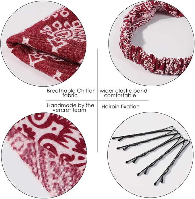 6 Pack Hair Scarf Headband for Women Elastic Bandana Head Scarf Large Boho Triangle Kerchief with Clips Non Slip Scarves