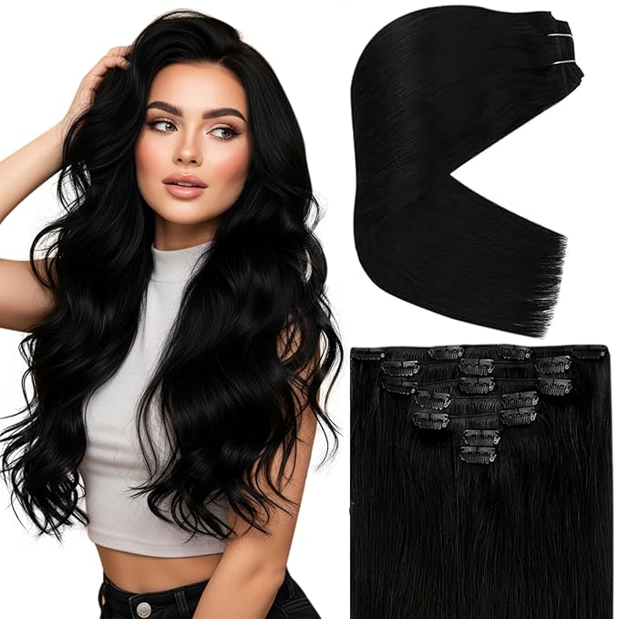 Ve Sunny Clip in Hair Extensions Real Human Hair, Clip on Hair Extensions for Women, Human Hair Clip in Extensions Jet Black Hair Extensions Natural 5pcs 12inch 80g