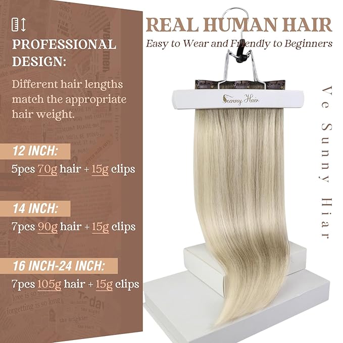 Ve Sunny Clip in Hair Extensions Ombre Remy Hair Extensions Clip in Extensions Real Human Hair for Women Short Ash Grey Balayage Platinum Blonde 5pcs 80g 12 inch