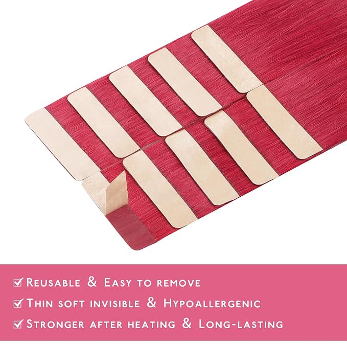 WENNALIFE Tape in Hair Extensions Human Hair Red Tape in Extensions, 10pcs 25g 14 inch Remy Invisible Tape Ins Straight Colored Soft Real Human Hair Tape in Extensions Refill Set Extensions