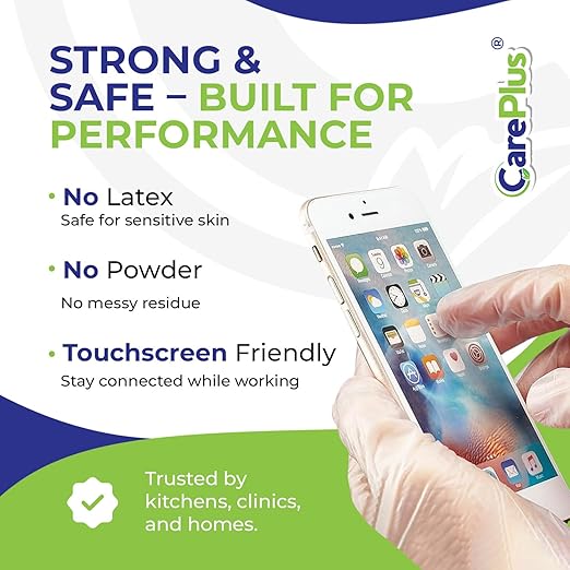 CARE PLUS Vinyl Gloves Clear Large Size 200 Count | Heavy Duty, Non-Sterile, Powder-Free, Latex-Free Rubber | Food Prep, Kitchen & Cleaning Gloves, Ideal for Professional Use