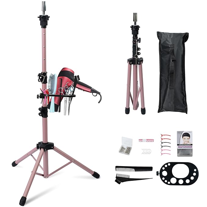 Klvied Wig Stand Tripod Upgraded, Mannequin Head Stand Double Locking, Reinforced Metal Wig Head Stand with Tool Tray, Rose Gold (53.5 Inches)