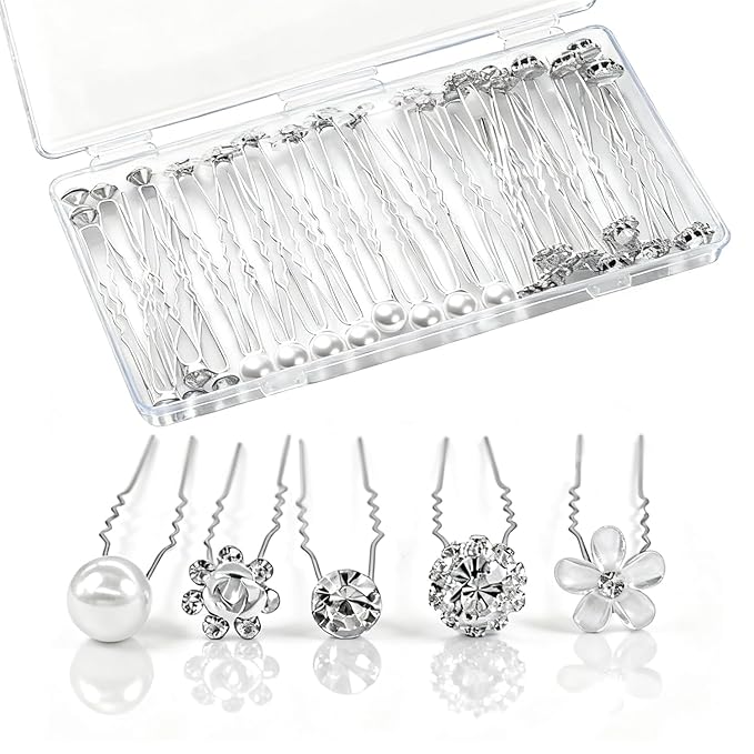 40 PCS Wedding Hair Pins for Brides, Pearl Hair Pins for Wedding, Silver Crystal Rhinestone Hair Pin Decorative Hair Accessories for Bridal Bridesmaid Women Prom Party