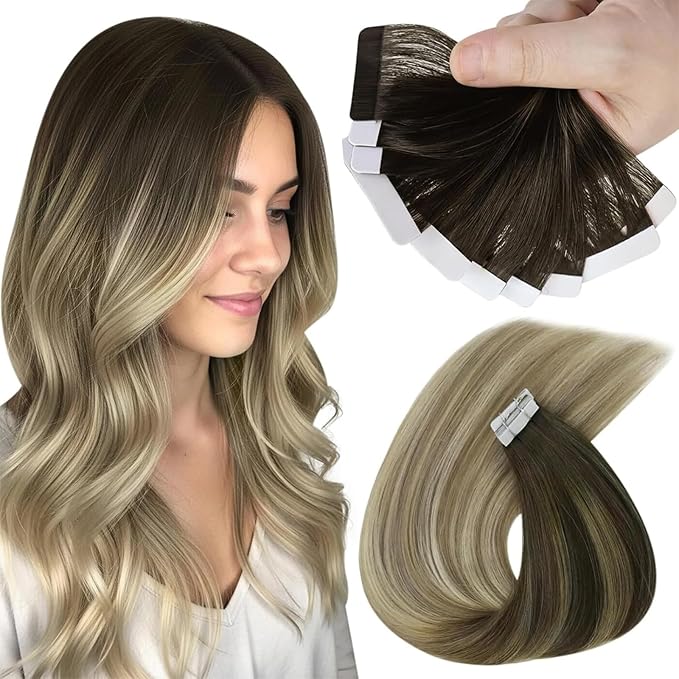 Sunny Tape in Hair Extensions Human Hair Dark Brown Balayage Blonde Hair Extensions Real Human Hair Tape ins 12 Inch Tape in Extensions 20Pcs 30g