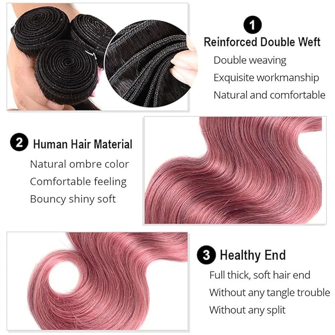 Ombre Bundles Human Hair 1Bpink Body Wave Bundle Brazilian Virgin Remy Hair 3 Bundles 24 26 28 Inch Double Weft 2 Tone Black and Pink Body Wave Bundle Hair Weave 300g