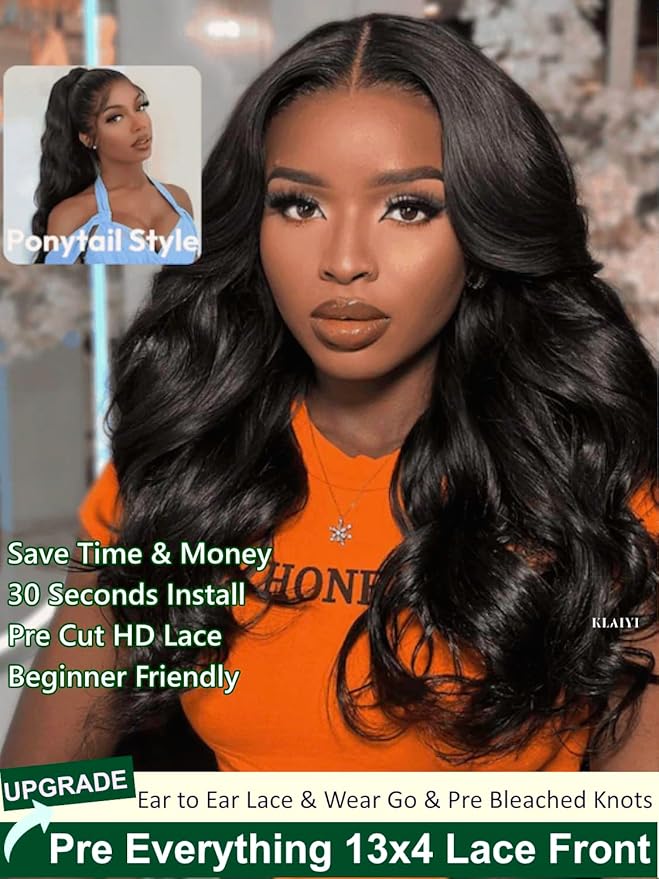 KLAIYI Wear And Go Glueless Wig Bye Bye Knots 13x4Precut Lace Front Wigs Human Hair Loose Body Wave Wig Pre Bleached Pre Everything Pre Plucked with Baby Hair 3S Ready to Wear Beginner Friendly 16Inch