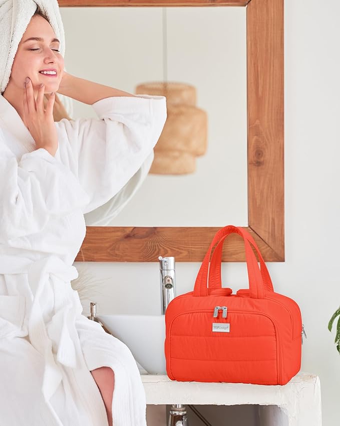 TOPDesign Travel Toiletry Bag for Women, Puffer Large Toiletry Bag, Lightweight Cosmetic Makeup Organizer with Handle for Traveling, Accessories, Essentials, Toiletries (Red Orange)