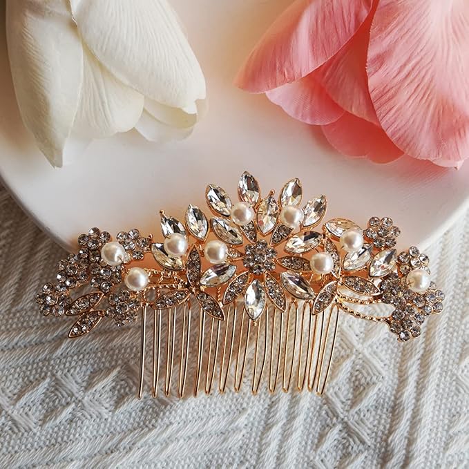 Crystal Wedding Hair Comb Bridal Hair Comb with Pearl Wedding Headpiece for party wear Golden Hair Accessory