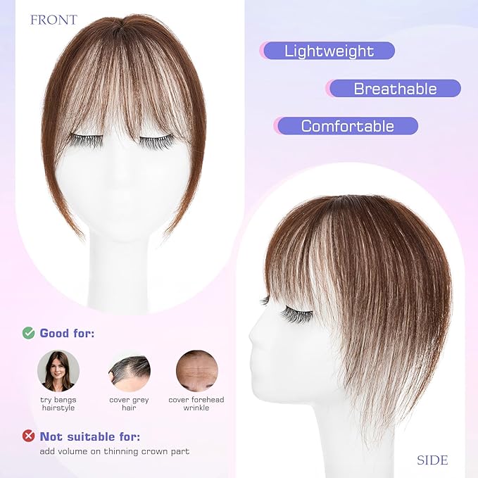 Hairro Bangs Hair Clip 3D 360°Cover Clip On Bangs Remy Human Hair Topper With Bangs Fringe French Bangs With Temples Clip In Bangs Hair Extensions 8 Inches 10g #02 Dark Brown
