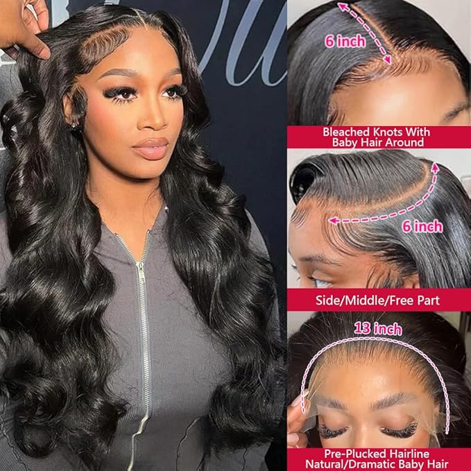 VIPbeauty 32 Inch Full 13x6 Lace Frontal Wigs Human Pre Plucked Bleached Knots 180 Density HD Transparent Body Wave Lace Front Wigs Human Hair for Women 12A Glueless Wigs Human Hair with Baby Hair