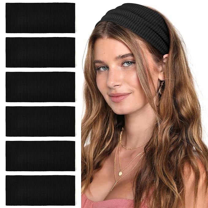 Black Headbands for Women Wide Non Slip Head Bands Soft Elastic Thick Hairbands for Women's Hair Fashion Workout Yoga Hair Accessories, 6 Pack