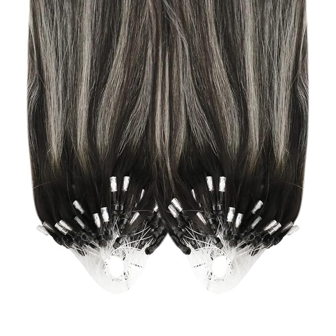 YoungSee Micro Link Hair Extensions Human Hair Ombre Micro Loop Hair Extensions Real Human Hair Silver with Black Balayage Beaded Hair Extension Pre Bonded Hair for Girls 16Inch 50g 50s
