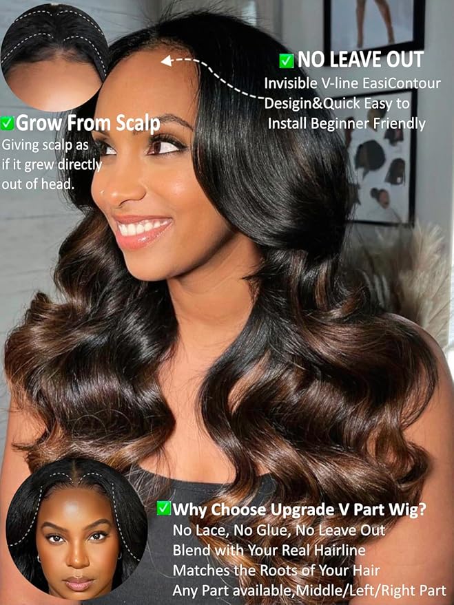 KLAIYI Ombre Brown V Part Wig Body Wave Human Hair Upgrade U Part Wig with Dark Roots Glueless Chestnut Brown Clip in Half Wig No Glue No Leave Out Beginner Wigs for Women Wear and Go Wig 150% 14Inch