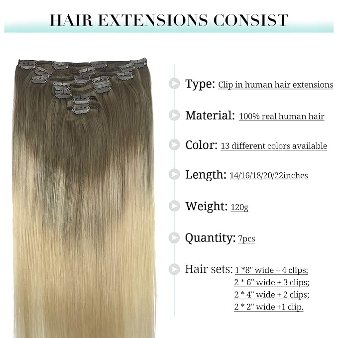 DOORES Clip in Hair Extensions Real Human Hair, Ombre Ash Brown to Platinum Blonde Straight 120g 7pcs 20 Inch Real Hair Extensions Clip in Human Hair Remy Natural Straight Weft