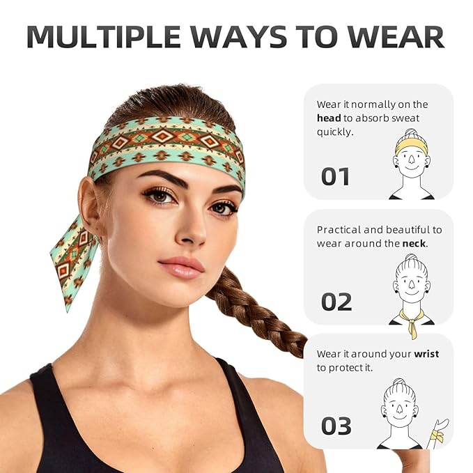 Men Women Fashion Sports Sweat Band Hair Accessories for Sports Workout Shower, Long Multifunction Ethnic Geometric Pattern Mexican Tribal Head Ribbon Headwear