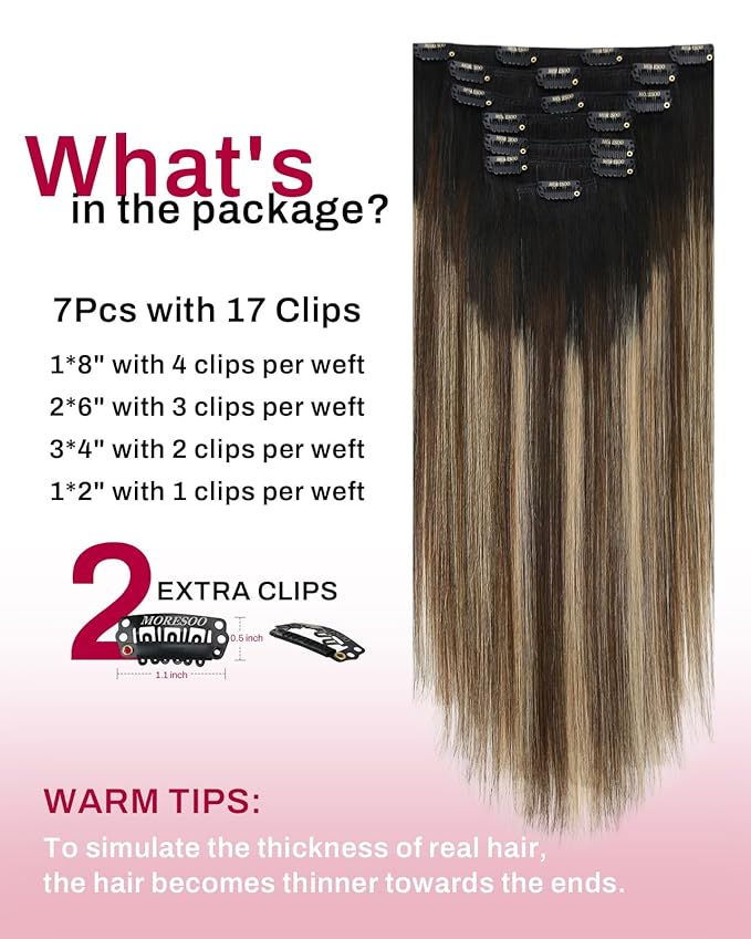 Moresoo Balayage Clip in Hair Extensions Human Hair Clip on Hair Extensions Ombre Black to Brown with Caramel Blonde Double Weft Full Head 7Pcs 120G 22 Inch