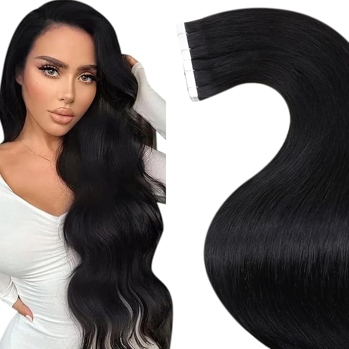 LaaVoo Human Hair Tape in Extensions Black Tape in Hair Extensions Human Hair Invisible Tape on Human Hair Extension Real Hair 16inch 20pcs 40g