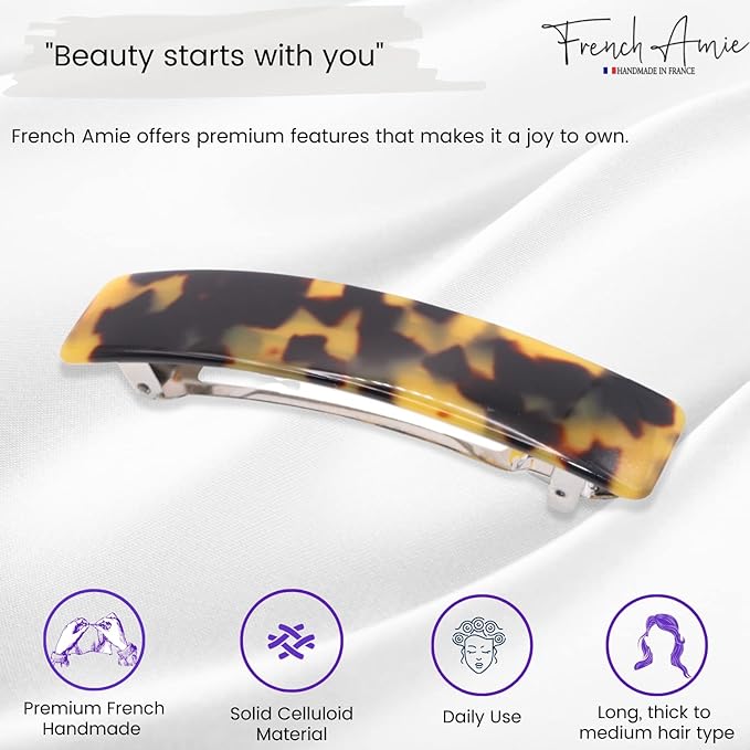 French Amie Oblong Handmade 3.5" Celluloid No Slip Hair Clip Barrette for Women, Made in France (Tokyo Shell)