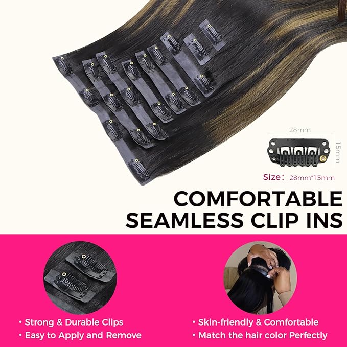 Lashey Seamless Clip in Hair Extensions Human Hair 130g 9pcs Straight Natural Black Mixed Chestnut Brown 14 Inch Hair Extensions with PU Soft Invisi Edge for Women