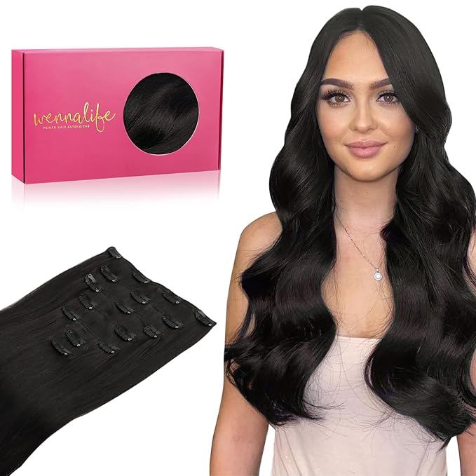 WENNALIFE Clip in Human Hair Extensions, 20 Inch 120g 7pcs Natural Black Hair Extensions Clip In Human Hair Remy Clip in Hair Extensions Real Human Hair Double Weft