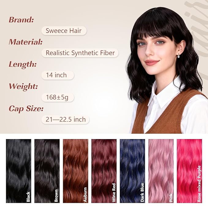 Dark Brown Bob Wig With Bangs Wave Wigs for Women 14 Inch Short Loose Wavy Heat Resistant Synthetic Wig Shoulder Length Hair for Daily and Cospaly Party Use