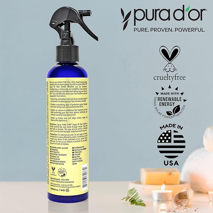 PURA D'OR 8 Oz Argan Oil Heat Shield Protectant Spray with Select Organic Ingredients, Protects Up To 450º F From Flat Iron & Hot Blow Dry, Leave-In, Define & Shine Dry & Damaged Hair