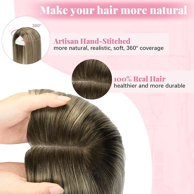 Hair Toppers for Women Real Human Hair 360° 3D 12inch 55g Human Hair Topper Dark Brown To Chestnut Brown Highlight Ash Blonde 6x7inch Large Base (#2/6/18 Toppers-12inch)