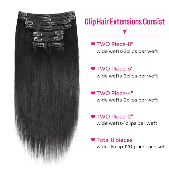 Yaki Straight Clip in Hair Extensions for Black Women Brazilian Human Hair Extensions 8Pcs Remy Hair Extensions Clip in Human Hair with 18Clips Double Lace Weft 120g 14inch Natural Black