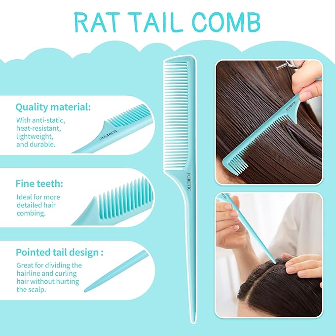 Hair Comb 3-in-1 Plastic Hair Comb Set For Women, Men - Wide Tooth, Rat Tail, and Regular Tooth Detangling Hair Combs for All Hair Types-Blue