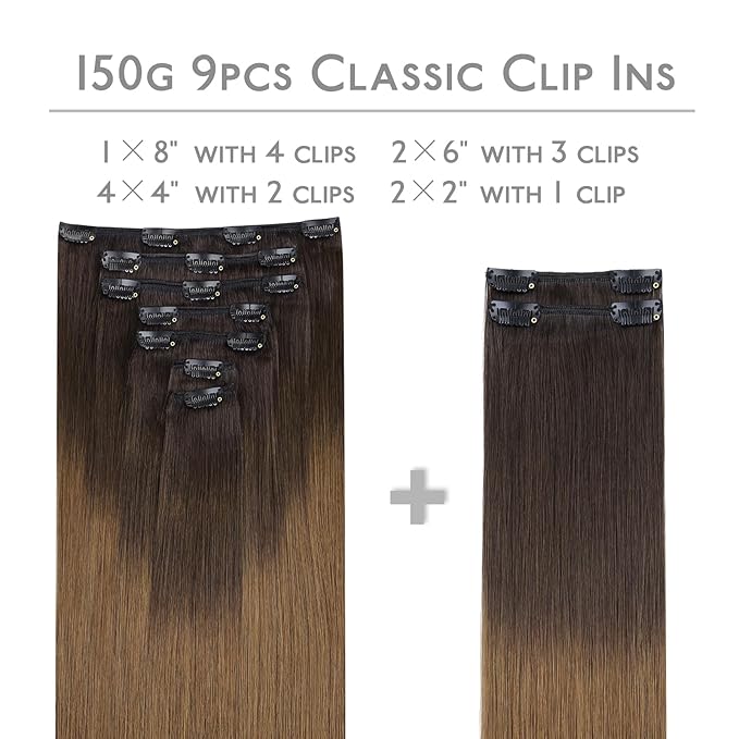 WENNALIFE Clip in Hair Extensions Real Human Hair, 20 Inch 150g 9pcs Remy Hair, Ombre Dark Brown to Light Chestnut Brown Straight Natural Extensiones De Cabello Humano Con Clip Ins