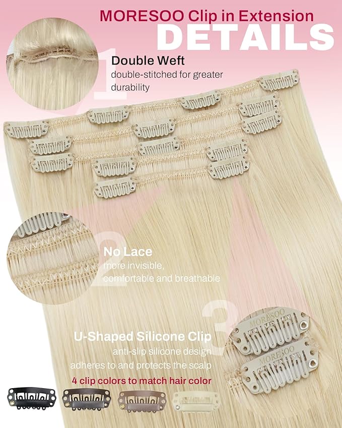 Moresoo Blonde Hair Extensions Clip in Human Hair 10 inch Double Weft Clip in Hair Extensions Real Human Hair Platinum Blonde Clip in Human Hair Extensions for Women #60 5Pcs/70G