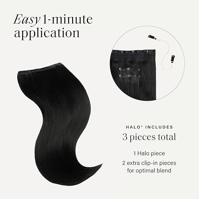 Luxy 100% Remy Human Hair – Halo Clip-In Hair Extensions –Natural Looking Volume & Length - One-Piece - Easy 5-Min Application 140 grams 16" Jet Black Halo