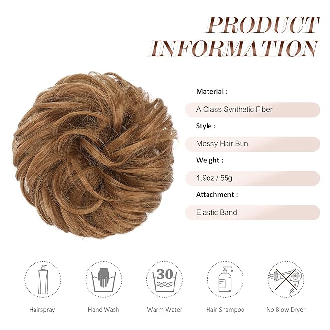 FESHFEN Messy Bun Hair Pieces - Large Wavy Curly Elastic Hair Bun Scrunchies Ponytail Extensions Synthetic Chignon Hairpieces for Women, Strawberry Blonde 1.94oz
