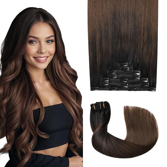 Pro2.0 Remy Clip in Extensions Real Human Hair Color #1BT4 Natural Black Fading to Middle Brown Remy Clip in Hair Extensions Real Human Hair 18inch 120g Thick 7pcs Double Weft（#1BT4-18inch）