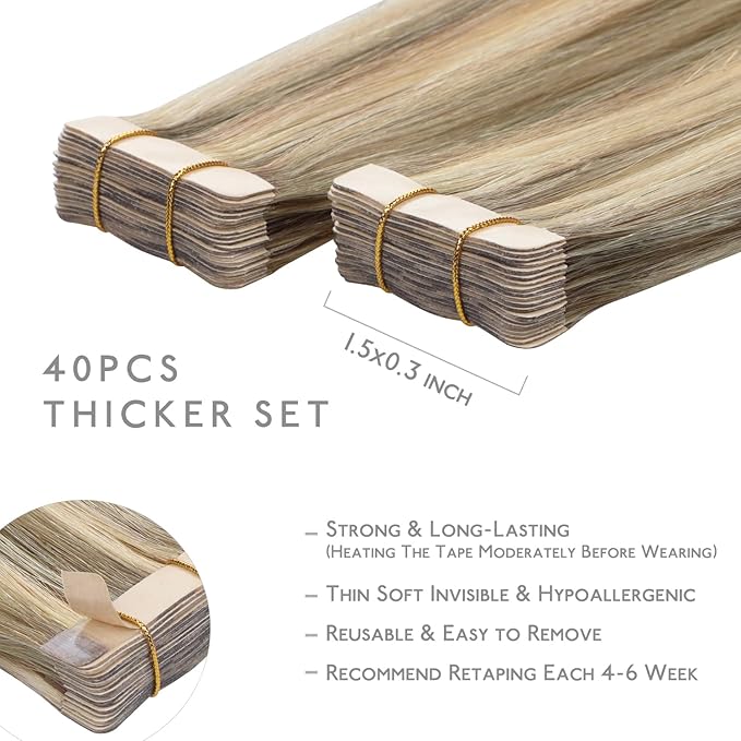 WENNALIFE Tape in Hair Extensions Human Hair, 40pcs 100g 20 inch Ash Brown with Platinum Blonde Highlights Hair Extensions Real Human Hair Straight Tape in Extensions Invisible Human Hair Extensions