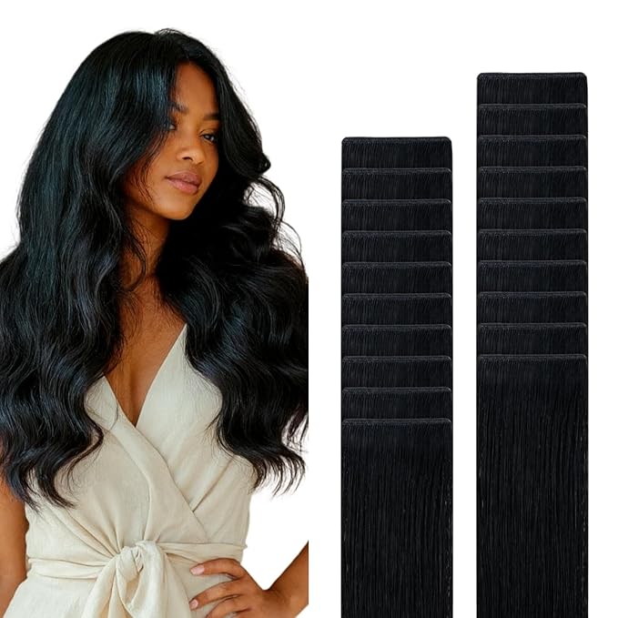GOO GOO Genius Tape in Hair Extensions, Hand Tied Tape Weft, 1 Jet black, 16inch 50g 20pcs, Remy Human Hair, Seamless Invisible Tape, Natural Blend, Lightweight