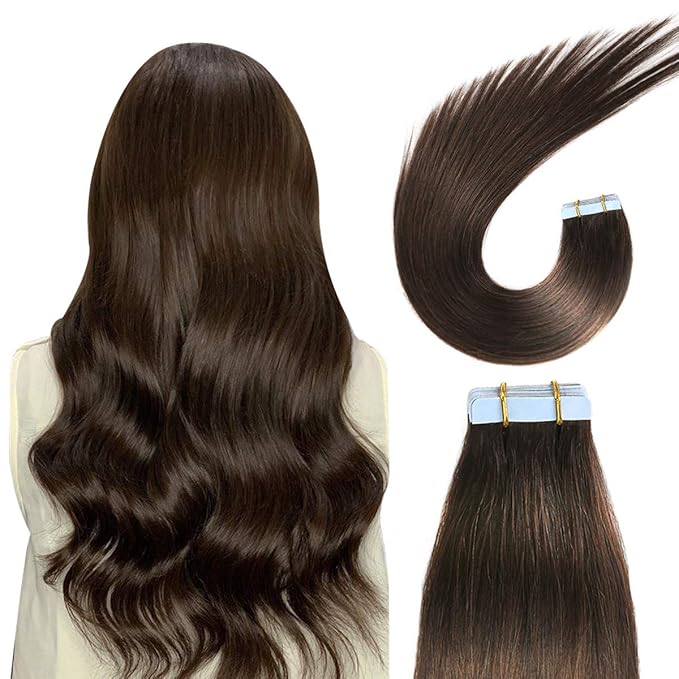 SUYYA Tape in Hair Extensions Human Hair 100% Remy Human Hair Darkest Brown 50g/pack 20pcs Straight Seamless Skin Weft Tape in Human Hair Extensions(24 inches #2 Darkest Brown)