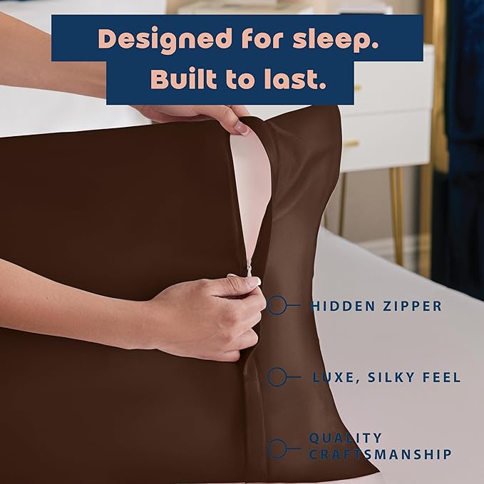 BLISSFORD Brown Satin Pillowcase with Zipper, for Hair and Skin Care, Feels Soft and Cool Like a Silk Pillowcase, Satin Pillow Cases 2 Pack, Slik Pillow Cover, King Size, Set of 2