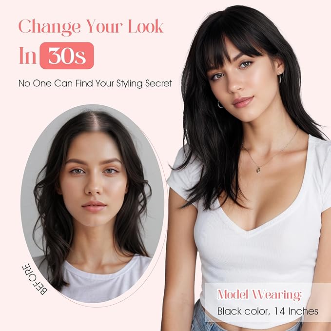 Hairro Mono Hair Toppers with Bangs, 3.4" x 3.4" Mono Base 100% Real Human Hairpieces for Women, 150% Density Clips In Topper for Greyish Thinning Hair, 12 Inch Medium Brown