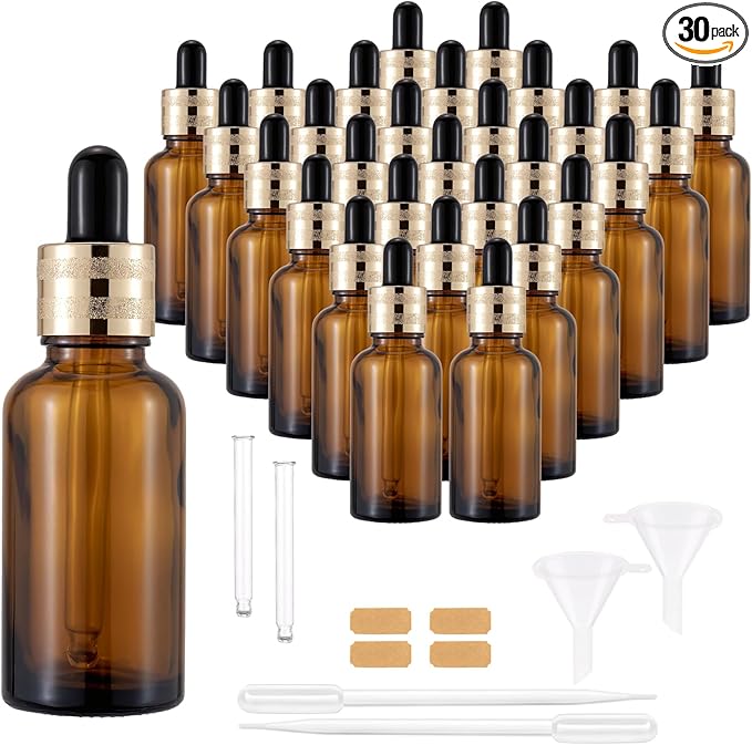 30 Pack 30ml Amber Glass Dropper Bottles with Droppers, Funnels & Labels for Essential Oils, 1oz Eye Dropper Bottles with Golden Caps, Brown Empty Glass Tincture Vials for Travel