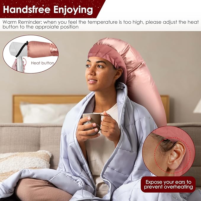 Hair Dryer Bonnet Attachment: Upgraded Extra Large Hooded Dryer Adjustable Hair Dryer Caps - Easy to Use for Natural Curly Textured Hair Care Styling Fast Drying - Rose Gold