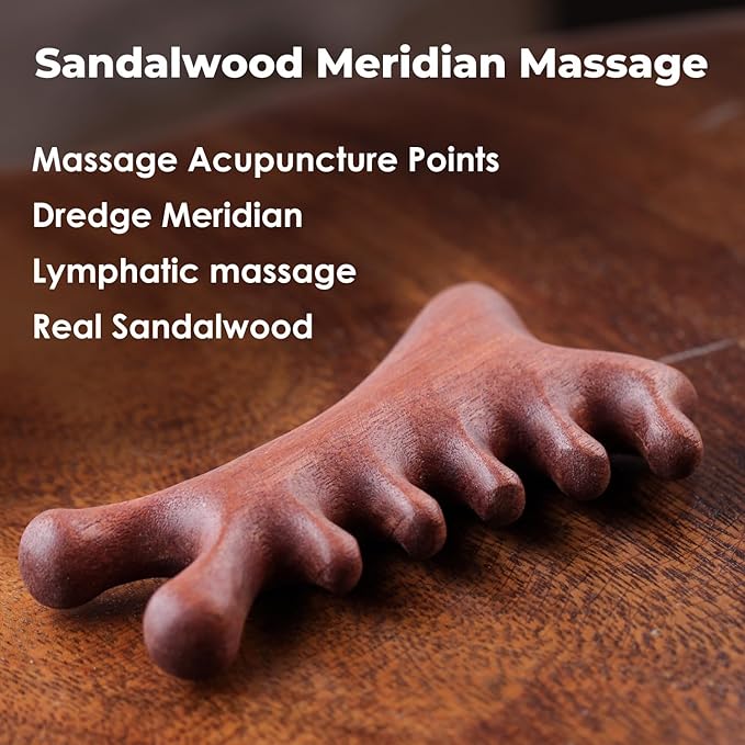 4 in 1 Sandalwood Gua Sha Massager, Scraping Massage Comb for Hair, Face, Eye, Neck & Body Meridian Therapy Tool for Relaxation & Rejuvenation